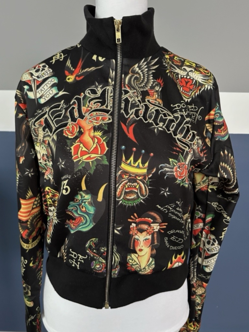 NEW! NWT ED HARDY Y2K Shrunken Flashboard Track Jacket Tattoo Black SIZE MEDIUM